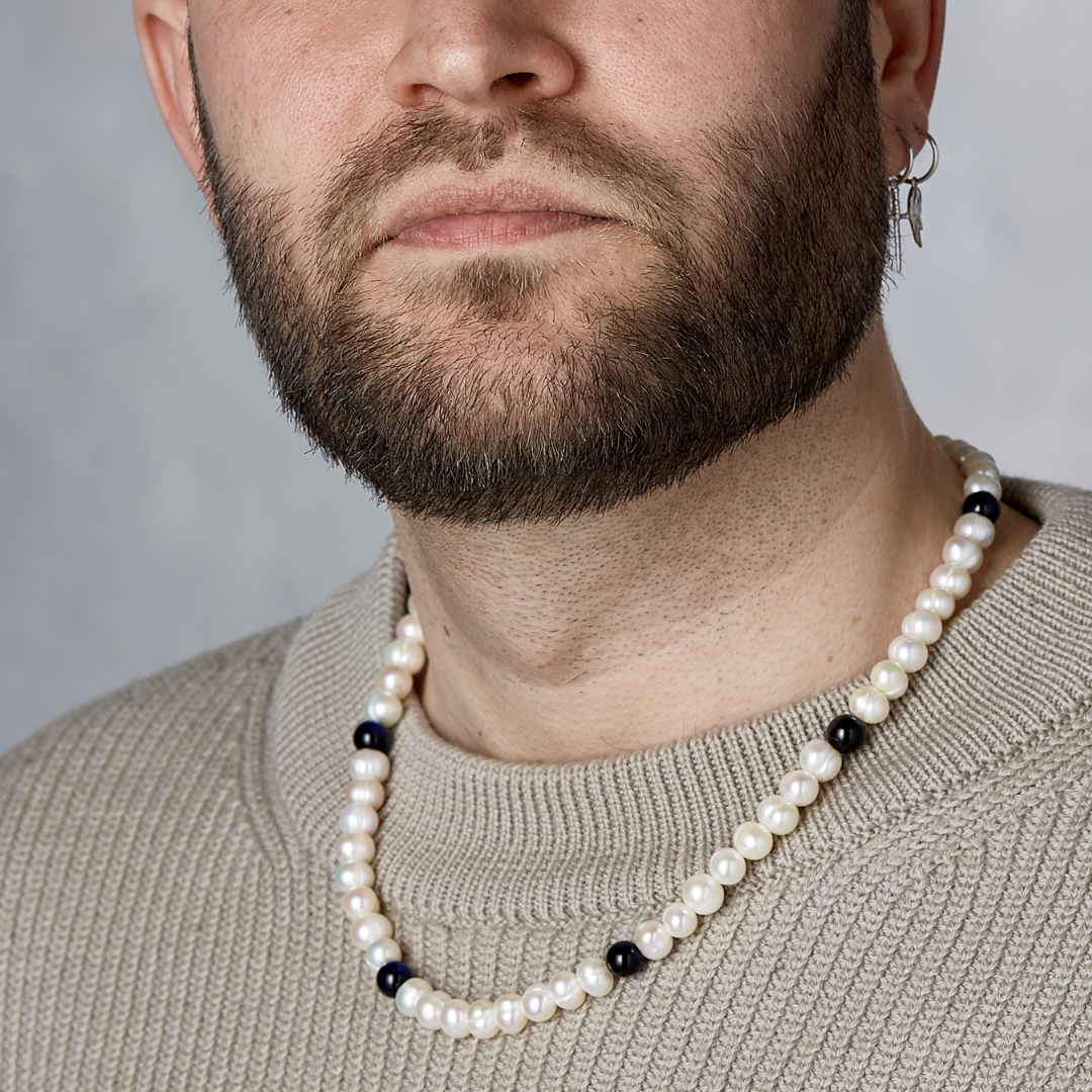 ALEXANDER LYNGGAARD Pearl Necklace with Blue Tiger Eye 8mm Necklaces