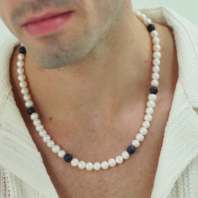 ALEXANDER LYNGGAARD Pearl Necklace with Blue Tiger Eye 8mm Necklaces